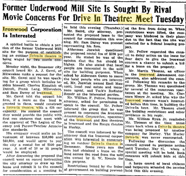 Ironwood Drive-In Theatre - 22 May 1952 Article (newer photo)